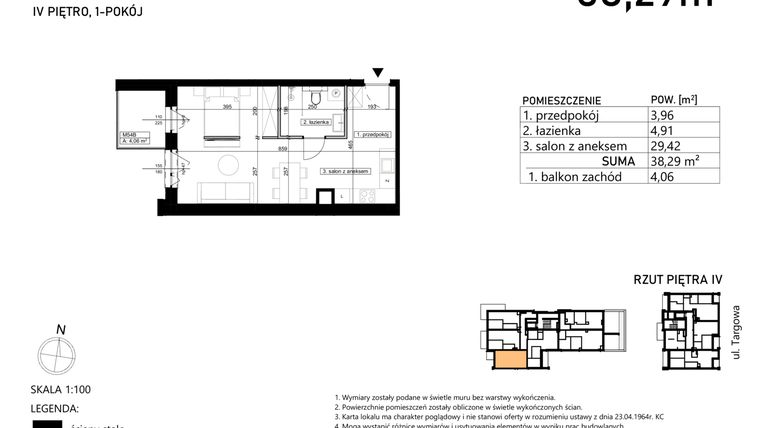 Rzut - Mieszkanie na sprzedaż 1 pokój o powierzchni 38,29 m² - numer M54 w Finezja