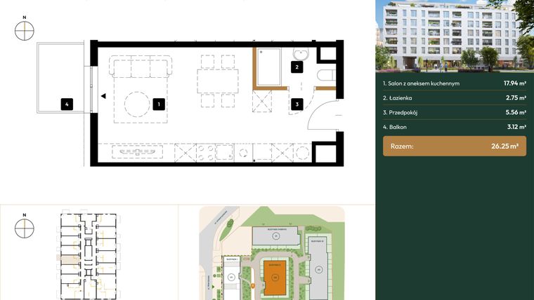 Rzut - Mieszkanie na sprzedaż 1 pokój o powierzchni 26,25 m² - numer 2.M3.05 w Wierzbowa 20