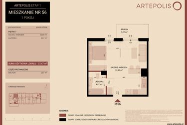 Rzut - Mieszkanie na sprzedaż 1 pokój o powierzchni 37,47 m² - numer 56 w Artepolis