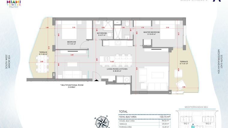 Rzut - Mieszkanie na sprzedaż 3 pokoje o powierzchni 119,58 m² - numer P3-BL3-A w Miami Towers