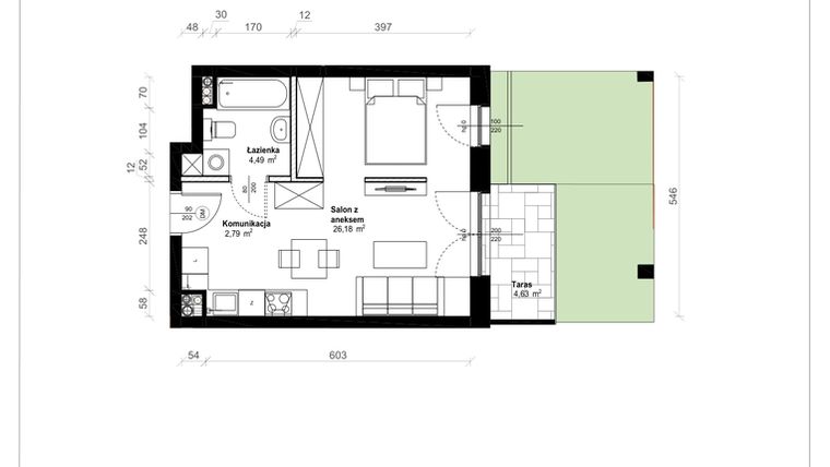 Rzut - Mieszkanie na sprzedaż 1 pokój o powierzchni 33,46 m² - numer B.0.10.1a w ATRIUM