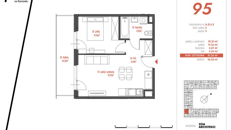 Rzut - Mieszkanie na sprzedaż 2 pokoje o powierzchni 41,36 m² - numer AD4.2 w PUR