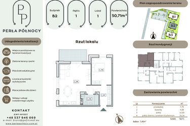 Rzut - Mieszkanie na sprzedaż 2 pokoje o powierzchni 50,71 m² - numer B2.1_1 w Perła Północy etap 2