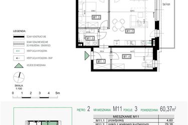 Rzut - Mieszkanie na sprzedaż 3 pokoje o powierzchni 60,37 m² - numer 11 w Kolarska Koncept