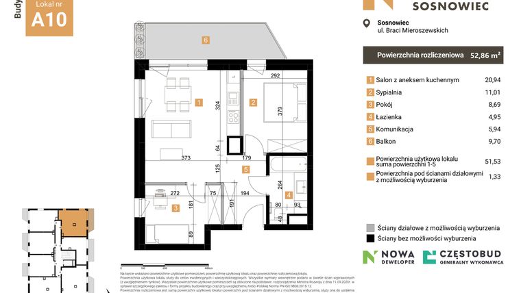 Rzut - Mieszkanie na sprzedaż 3 pokoje o powierzchni 52,68 m² - numer A10 w Nowy Sosnowiec