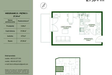 Rzut - Mieszkanie na sprzedaż 1 pokój o powierzchni 27,34 m² - numer 21 w Bukowa etap II