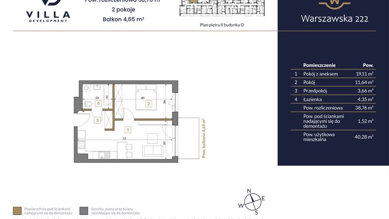 Rzut - Mieszkanie na sprzedaż 2 pokoje o powierzchni 38,76 m² - numer 53 w Warszawska 222 bud. D