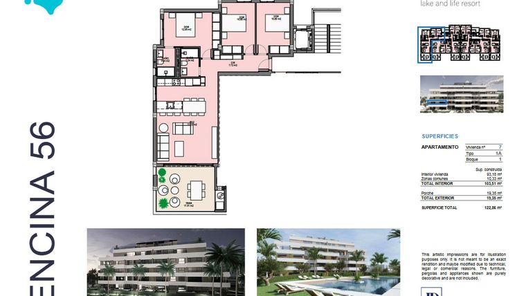 Rzut - Mieszkanie na sprzedaż 3 pokoje o powierzchni 93 m² - numer 7 w Santa Rosalía - Murcia