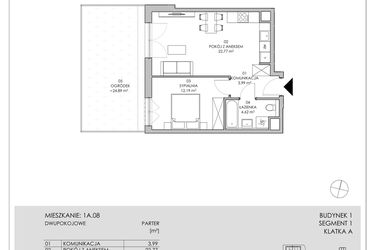 Rzut - Mieszkanie na sprzedaż 2 pokoje o powierzchni 43,57 m² - numer 1A.08 w Skwer Harmonia II