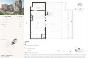 Rzut - Mieszkanie na sprzedaż 1 pokój o powierzchni 25,99 m² - numer M36/KL3 w LUXURY POINT