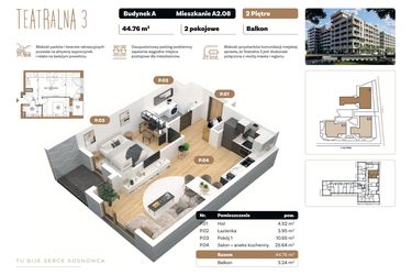 Rzut - Mieszkanie na sprzedaż 2 pokoje o powierzchni 44,76 m² - numer A 2.08 w Teatralna 3 - etap II