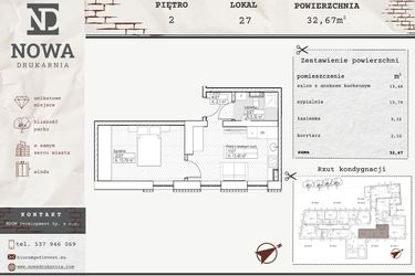Rzut - Mieszkanie na sprzedaż 2 pokoje o powierzchni 32,67 m² - numer M27 w Nowa Drukarnia