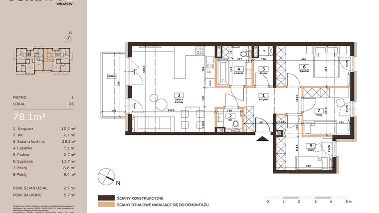 Rzut - Mieszkanie na sprzedaż 4 pokoje o powierzchni 78,1 m² - numer D6 w Domkove Widzew