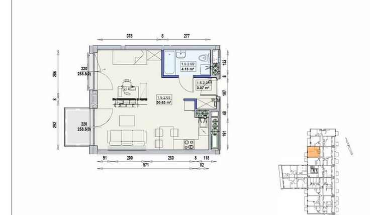 Rzut - Mieszkanie na sprzedaż 1 pokój o powierzchni 37,83 m² - numer 1/5/2/1a w Gwarna