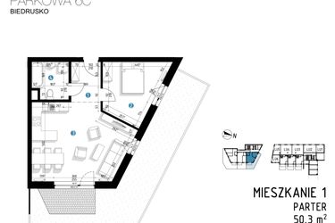 Rzut - Mieszkanie na sprzedaż 2 pokoje o powierzchni 50,3 m² - numer 6C.1 w Parkowa 6AC - ETAP III
