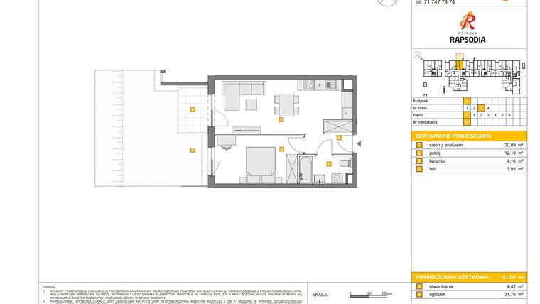 Rzut - Mieszkanie na sprzedaż 2 pokoje o powierzchni 41,08 m² - numer A.68 w Osiedle Rapsodia