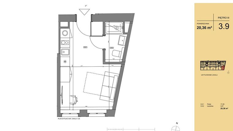 Rzut - Mieszkanie na sprzedaż 1 pokój o powierzchni 20,69 m² - numer 3.9 w Rezydencja San Petrus