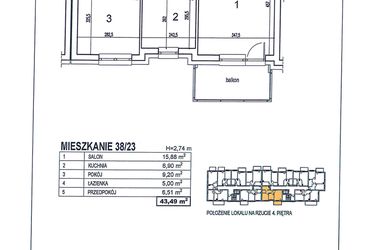 Rzut - Mieszkanie na sprzedaż 2 pokoje o powierzchni 43,49 m² - numer 38/23 w Osiedle Jodłowa bud. D