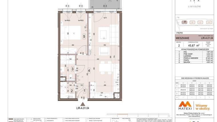 Rzut - Mieszkanie na sprzedaż 2 pokoje o powierzchni 45,67 m² - numer A.01.04 w Takt Lirników