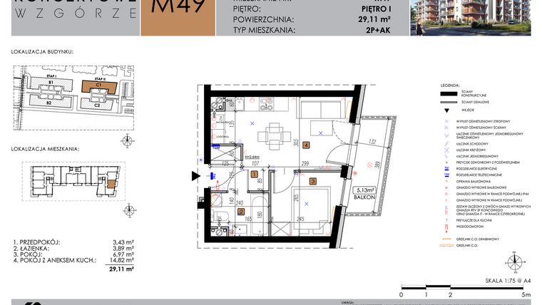 Rzut - Mieszkanie na sprzedaż 2 pokoje o powierzchni 29,11 m² - numer C1_M49 w Koncertowe Wzgórze etap II