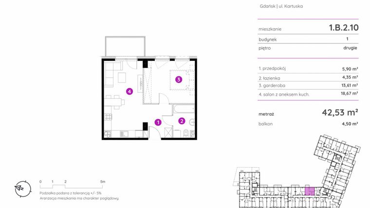 Rzut - Mieszkanie na sprzedaż 1 pokój o powierzchni 42,53 m² - numer 1.B.2.10 w Murapol Scarpa