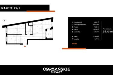 Rzut - Mieszkanie na sprzedaż 3 pokoje o powierzchni 55,45 m² - numer 22/1 w Odrzańskie Bulvary