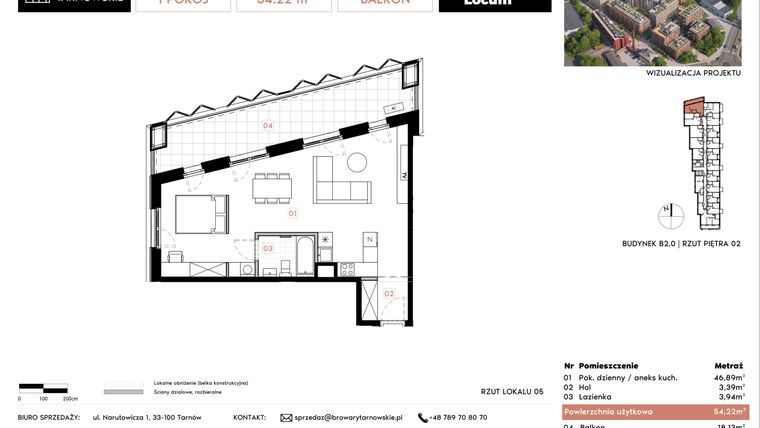 Rzut - Mieszkanie na sprzedaż 1 pokój o powierzchni 54,22 m² - numer B2.5 w Browary Tarnowskie etap 1