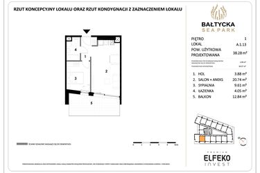 Rzut - Mieszkanie na sprzedaż 2 pokoje o powierzchni 38,28 m² - numer A.1.13 w Bałtycka Sea Park