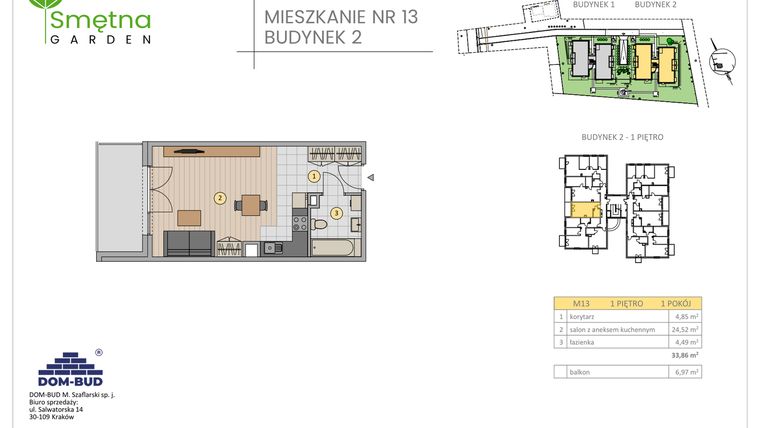 Rzut - Mieszkanie na sprzedaż 1 pokój o powierzchni 33,86 m² - numer 13 w Smętna Garden