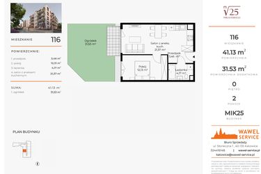 Rzut - Mieszkanie na sprzedaż 2 pokoje o powierzchni 41,13 m² - numer 116 w Mikusińskiego 25