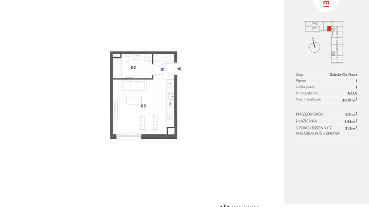 Rzut - Mieszkanie na sprzedaż 1 pokój o powierzchni 30,97 m² - numer A2.1.6 w Mieszkaj w mieście Załęska od Nowa