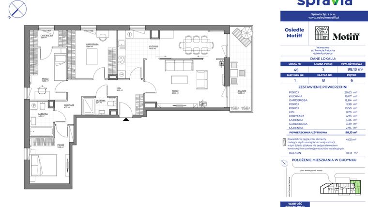 Rzut - Mieszkanie na sprzedaż 3 pokoje o powierzchni 98,13 m² - numer 1/45 w Osiedle Motiff