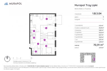 Rzut - Mieszkanie na sprzedaż 2 pokoje o powierzchni 70,91 m² - numer 1.B.3.04 w Murapol Trzy Lipki