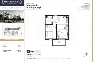 Rzut - Mieszkanie na sprzedaż 2 pokoje o powierzchni 40,41 m² - numer A9 w Mickiewicza
