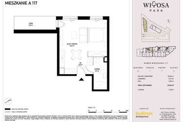 Rzut - Mieszkanie na sprzedaż 1 pokój o powierzchni 34,93 m² - numer A117 w Witosa Park