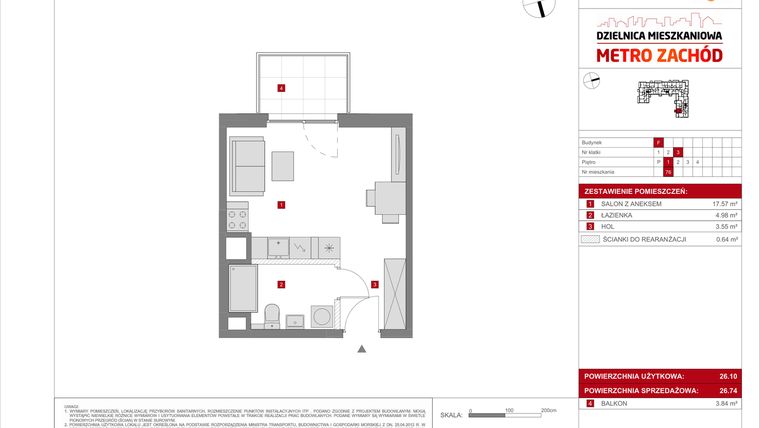 Rzut - Mieszkanie na sprzedaż 1 pokój o powierzchni 26,74 m² - numer F.76 w Dzielnica Mieszkaniowa Metro Zachód - etap 8