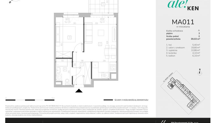 Rzut - Mieszkanie na sprzedaż 2 pokoje o powierzchni 39,02 m² - numer MA011 w Ale!Ken