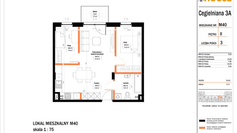 Rzut - Mieszkanie na sprzedaż 3 pokoje o powierzchni 54,22 m² - numer 40 w Osiedle StaLove etap II