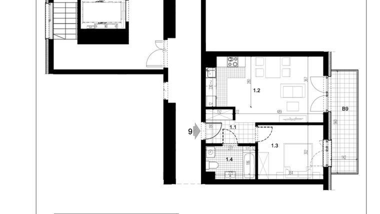 Rzut - Mieszkanie na sprzedaż 2 pokoje o powierzchni 41,69 m² - numer C1.9 w Centralna II