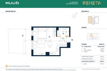 Rzut - Mieszkanie na sprzedaż 2 pokoje o powierzchni 30,67 m² - numer M03 w Reneta