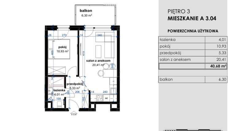 Rzut - Mieszkanie na sprzedaż 2 pokoje o powierzchni 40,68 m² - numer A 3.04 w Osiedle Kwiatowe