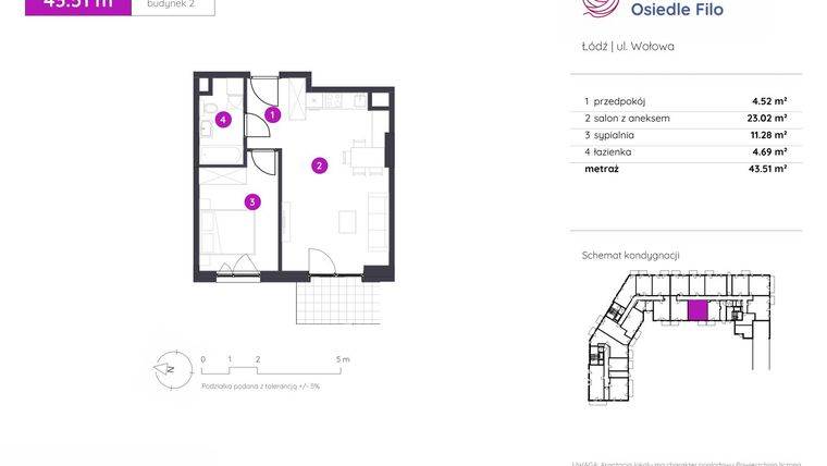 Rzut - Mieszkanie na sprzedaż 2 pokoje o powierzchni 43,51 m² - numer 2.C.0.02 w Murapol Osiedle Filo etap II