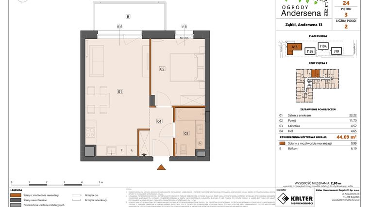 Rzut - Mieszkanie na sprzedaż 2 pokoje o powierzchni 44,09 m² - numer 24A w Ogrody Andersena