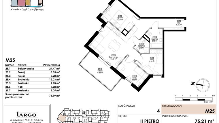 Rzut - Mieszkanie na sprzedaż 4 pokoje o powierzchni 71,99 m² - numer M25 w Kamieniczki za Strugą