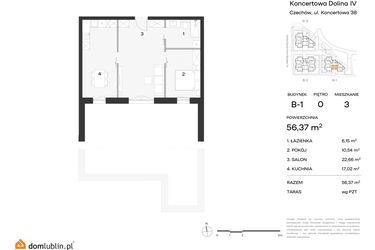 Rzut - Mieszkanie na sprzedaż 2 pokoje o powierzchni 56,37 m² - numer 3 w Koncertowa Dolina
