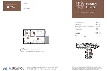 Rzut - Mieszkanie na sprzedaż 2 pokoje o powierzchni 40,7 m² - numer 1.B.0.04 w Murapol LakeSide