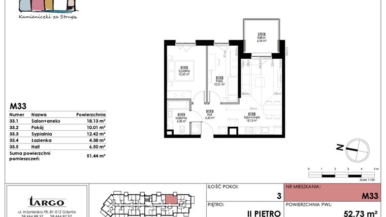 Rzut - Mieszkanie na sprzedaż 3 pokoje o powierzchni 51,44 m² - numer M33 w Kamieniczki za Strugą