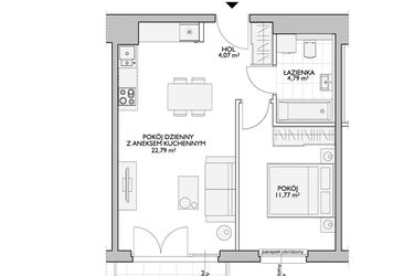 Rzut - Mieszkanie na sprzedaż 2 pokoje o powierzchni 44,58 m² - numer WO/P33/32 w Wiszące Ogrody