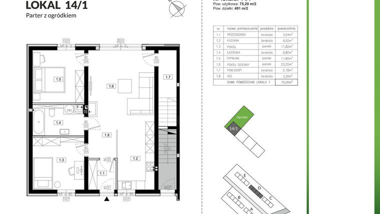 Rzut - Mieszkanie na sprzedaż 3 pokoje o powierzchni 75,2 m² - numer 14/1 w Szczęśliwa Polana