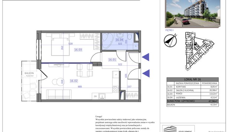 Rzut - Mieszkanie na sprzedaż 2 pokoje o powierzchni 47,96 m² - numer 16 w Skrajna 34 - lokale inwestycyjne